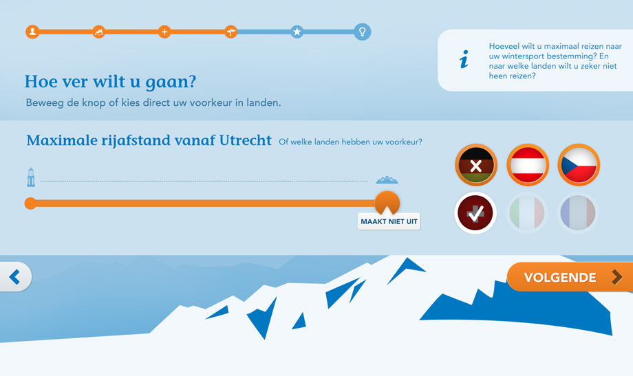 Step 3, user can choose the countries that they prefer or move the slider to choose the maximum travelling distance. 